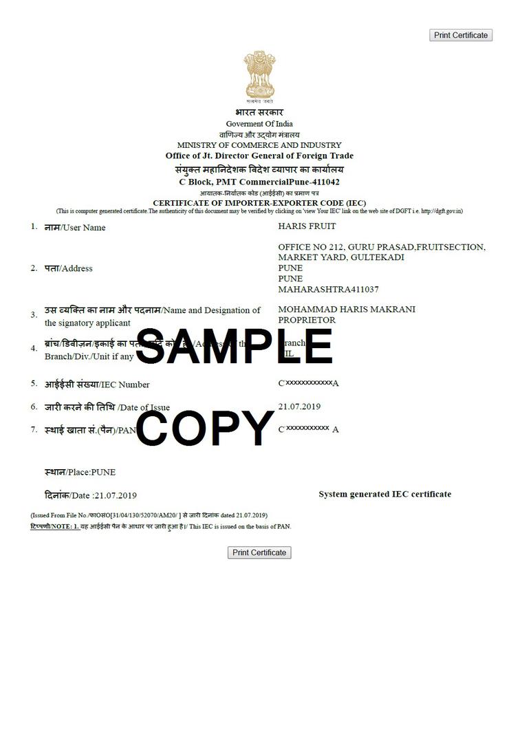 Sample certificate Import Export Code Registration